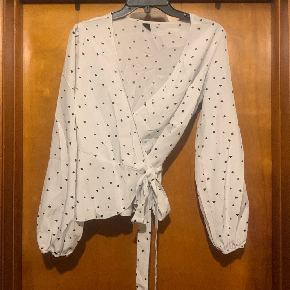 SHEIN White Wrap Top with Black Polka Dots